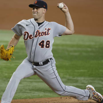 Jun 26, 2023; Arlington, Texas, USA; Detroit Tigers starting pitcher Matthew Boyd (48) pitches in the first inning against the Texas Rangers at Globe Life Field. Mandatory Credit: Tim Heitman-USA TODAY Sports