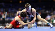 Penn State's Luke Lilledahl wrestles Marcello Milani of Cornell during the first round of the NCAA Wrestling championships at Wells Fargo Center. 
