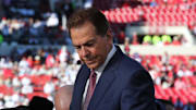Nov 8, 2025; Lubbock, Texas, USA;  Former Alabama Crimson Tide head coach and current ESPN College Game Day host Nick Saban before the game between the Texas Tech Red Raiders and the Brigham Young Cougars at Jones AT&T Stadium. Mandatory Credit: Michael C. Johnson-Imagn Images