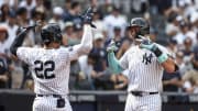 Aug 25, 2024; Bronx, New York, USA;  New York Yankees center fielder Aaron Judge (99) celebrates with right fielder Juan Soto (22) after hitting a solo home run in the seventh inning against the Colorado Rockies at Yankee Stadium.
