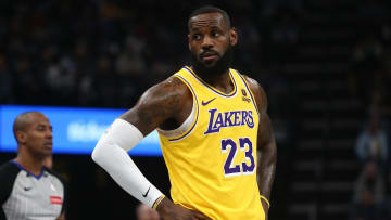 Mar 27, 2024; Memphis, Tennessee, USA; Los Angeles Lakers forward LeBron James (23) reacts during the first half against the Memphis Grizzlies at FedExForum. Mandatory Credit: Petre Thomas-USA TODAY Sports