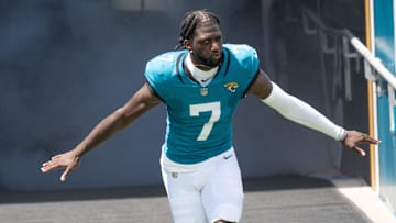 Jacksonville Jaguars wide receiver Brian Thomas Jr. (7) comes out of the tunnel before the start of an NFL football game between the Carolina Panthers at Jacksonville Jaguars at EverBank Stadium Sunday September 7, 2025. [Doug Engle/Florida Times-Union]