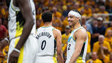 Apr 29, 2025; Indianapolis, Indiana, USA; Indiana Pacers guard Andrew Nembhard (2) celebrates a made basket during game five of the first round for the 2024 NBA Playoffs against the Milwaukee Bucks  at Gainbridge Fieldhouse. Mandatory Credit: Trevor Ruszkowski-Imagn Images