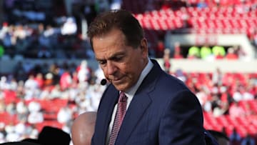 Nov 8, 2025; Lubbock, Texas, USA;  Former Alabama Crimson Tide head coach and current ESPN College Game Day host Nick Saban before the game between the Texas Tech Red Raiders and the Brigham Young Cougars at Jones AT&T Stadium. Mandatory Credit: Michael C. Johnson-Imagn Images