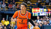 February 22, 2024; Berkeley, California, USA; Oregon State Beavers guard Josiah Lake II (2) dribbles the basketball during the second half against the California Golden Bears at Haas Pavilion. Mandatory Credit: Kyle Terada-Imagn Images