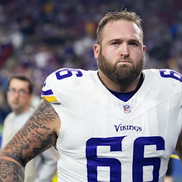 Jan 13, 2025; Glendale, AZ, USA; Minnesota Vikings guard Dalton Risner (66) against the Los Angeles Rams during an NFC wild card game at State Farm Stadium. Mandatory Credit: Mark J. Rebilas-Imagn Images
