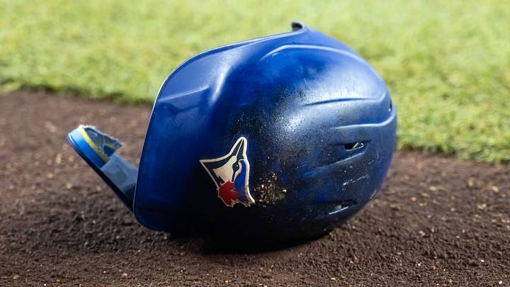 Apr 19, 2026; Phoenix, Arizona, USA; Detailed view of the batting helmet of Toronto Blue Jays first baseman Vladimir Guerrero Jr. in the first inning against the Arizona Diamondbacks at Chase Field. Mandatory Credit: Mark J. Rebilas-Imagn Images