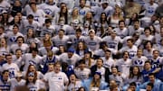 Feb 20, 2024; Provo, Utah, USA; The Brigham Young Cougars student section cheers before the game against the Baylor Bears at Marriott Center. Mandatory Credit: Rob Gray-USA TODAY Sports
