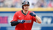 May 14, 2025; Cleveland, Ohio, USA; Cleveland Guardians first baseman Kyle Manzardo (9) rounds the bases after hitting a home run during the second inning against the Milwaukee Brewers at Progressive Field. Mandatory Credit: Ken Blaze-Imagn Images