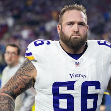 Jan 13, 2025; Glendale, AZ, USA; Minnesota Vikings guard Dalton Risner (66) against the Los Angeles Rams during an NFC wild card game at State Farm Stadium. Mandatory Credit: Mark J. Rebilas-Imagn Images