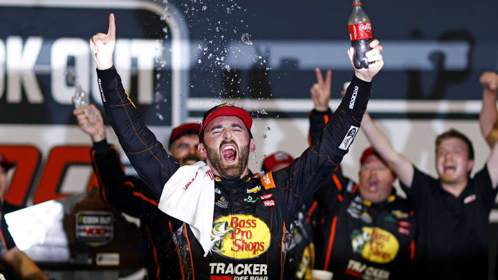 Aug 11, 2024; Richmond, Virginia, USA; NASCAR Cup Series driver Austin Dillion (3) celebrates winning the Cook Out 400 at Richmond Raceway. Photo Credit