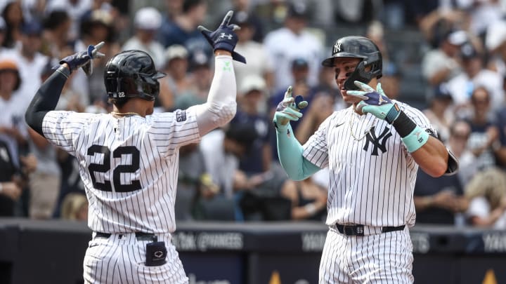 Aug 25, 2024; Bronx, New York, USA;  New York Yankees center fielder Aaron Judge (99) celebrates with right fielder Juan Soto (22) after hitting a solo home run in the seventh inning against the Colorado Rockies at Yankee Stadium. Mandatory Credit: Wendell Cruz-USA TODAY Sports