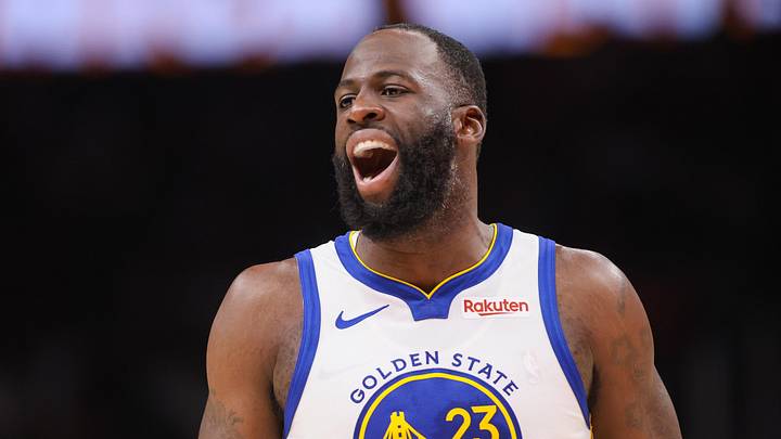 Mar 21, 2026; Atlanta, Georgia, USA; Golden State Warriors forward Draymond Green (23) reacts to a call against the Atlanta Hawks in the second quarter at State Farm Arena. Mandatory Credit: Brett Davis-Imagn Images