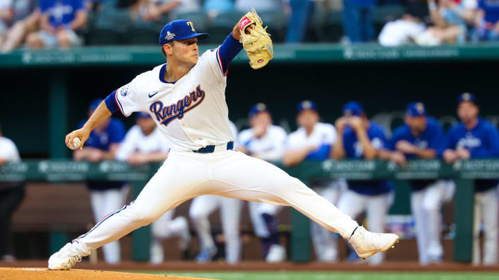 May 14, 2024; Arlington, Texas, USA;  Texas Rangers starting pitcher Jack Leiter (35) throws during the first inning against the Cleveland Guardians at Globe Life Field. Mandatory Credit: Kevin Jairaj-USA TODAY Sports