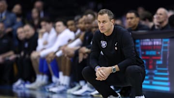 Mar 27, 2025; Newark, NJ, USA; Duke basketball head coach Jon Scheyer during the first half against the Arizona Wildcats during an East Regional semifinal of the 2025 NCAA tournament at Prudential Center.