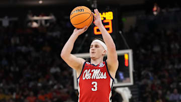 Mar 23, 2025; Milwaukee, WI, USA;  Mississippi Rebels guard Sean Pedulla (3) shoots against the Iowa State Cyclones during the first half in the second round of the NCAA Tournament at Fiserv Forum. Mandatory Credit: Jeff Hanisch-Imagn Images