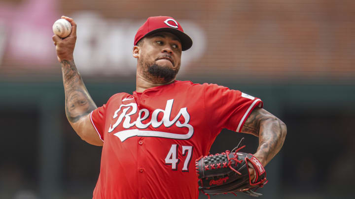 Jul 24, 2024; Cumberland, Georgia, USA; Cincinnati Reds starting pitcher Frankie Montas (47) pitches against the Atlanta Braves during the first inning at Truist Park. Mandatory Credit: Dale Zanine-USA TODAY Sports