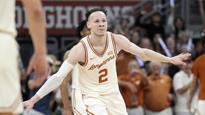 Mar 2, 2024; Austin, Texas, USA; Texas Longhorns guard Chendall Weaver (2) reacts after scoring during the second half against the Oklahoma State Cowboys at Moody Center. Mandatory Credit: Scott Wachter-USA TODAY Sports