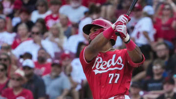 Cincinnati Reds right fielder Rece Hinds (77) hits his second home run of the game in the sixth inning of the MLB National League game between the Cincinnati Reds and the Miami Marlins at Great American Ball Park in downtown Cincinnati on Saturday, July 13, 2024. The Reds led 1-0 after two innings. The Reds won 10-6.