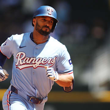 Sep 8, 2024; Arlington, Texas, USA; Texas Rangers second base Marcus Semien (2) rounds the bases after hitting a lead off home run against the Los Angeles Angels in the first inning at Globe Life Field. 