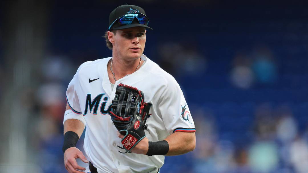 Marlins right fielder Griffin Conine (18) returns to the dugout against the Chicago White Sox during the first inning at loanDepot Park