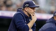 Sep 13, 2019; Denver, CO, USA; San Diego Padres manager Andy Green (14) looks on in the first inning against the Colorado Rockies at Coors Field. Mandatory Credit: Isaiah J. Downing-Imagn Images