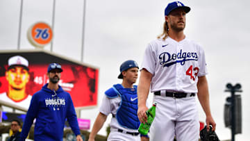 May 31, 2023; Los Angeles, California, USA; Los Angeles Dodgers starting pitcher Noah Syndergaard (43) before playing against the Washington Nationals at Dodger Stadium. Mandatory Credit: Gary A. Vasquez-Imagn Images