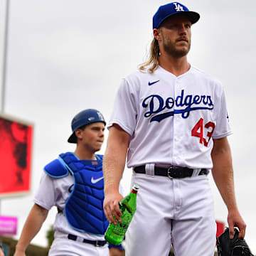 May 31, 2023; Los Angeles, California, USA; Los Angeles Dodgers starting pitcher Noah Syndergaard (43) before playing against the Washington Nationals at Dodger Stadium. Mandatory Credit: Gary A. Vasquez-Imagn Images