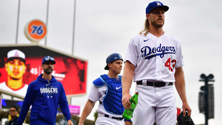 May 31, 2023; Los Angeles, California, USA; Los Angeles Dodgers starting pitcher Noah Syndergaard (43) before playing against the Washington Nationals at Dodger Stadium. Mandatory Credit: Gary A. Vasquez-Imagn Images