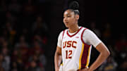 Jan 12, 2025; Los Angeles, California, USA; USC Trojans guard JuJu Watkins (12) during a college basketball game against the Penn State Nittany Lions at Galen Center. Mandatory Credit: Robert Hanashiro-Imagn Images