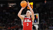 Mar 23, 2025; Milwaukee, WI, USA;  Mississippi Rebels guard Sean Pedulla (3) shoots against the Iowa State Cyclones during the first half in the second round of the NCAA Tournament at Fiserv Forum. Mandatory Credit: Jeff Hanisch-Imagn Images