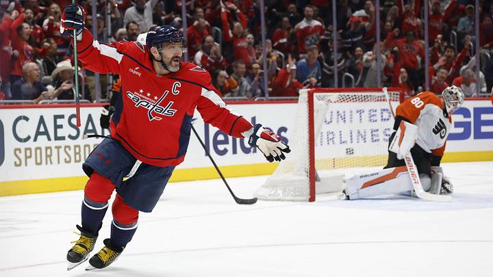Mar 31, 2026; Washington, District of Columbia, USA; Washington Capitals left wing Alex Ovechkin (8) scores a goal on Philadelphia Flyers goaltender Dan Vladar (80) during the first period at Capital One Arena.