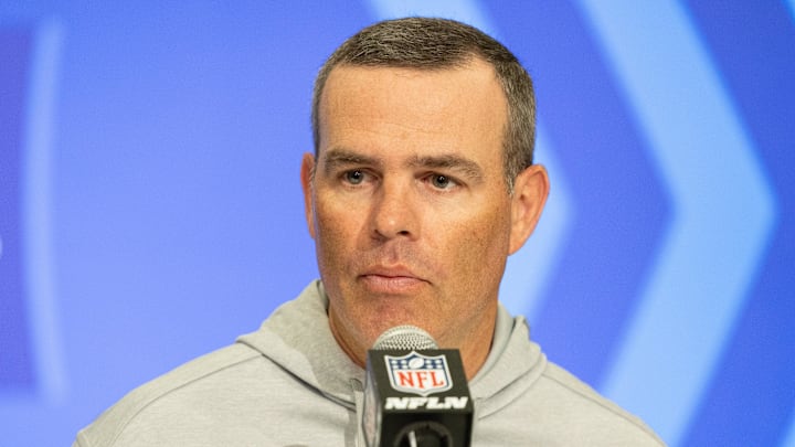 Feb 27, 2024; Indianapolis, IN, USA; Buffalo Bills general manager Brandon Beane talks to the media at the 2024 NFL Combine at Indiana Convention Center. Mandatory Credit: Trevor Ruszkowski-Imagn Images