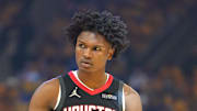 Apr 26, 2025; San Francisco, California, USA; Houston Rockets forward Amen Thompson (1) before game three of first round for the 2024 NBA Playoffs against the Golden State Warriors at Chase Center. Mandatory Credit: Darren Yamashita-Imagn Images