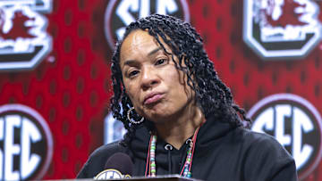 Oct 14, 2025; Birmingham, AL, USA; South Carolina Gamecocks head coach Dawn Staley talks with the media during SEC Media Days at Grand Bohemian Hotel. Mandatory Credit: Vasha Hunt-Imagn Images