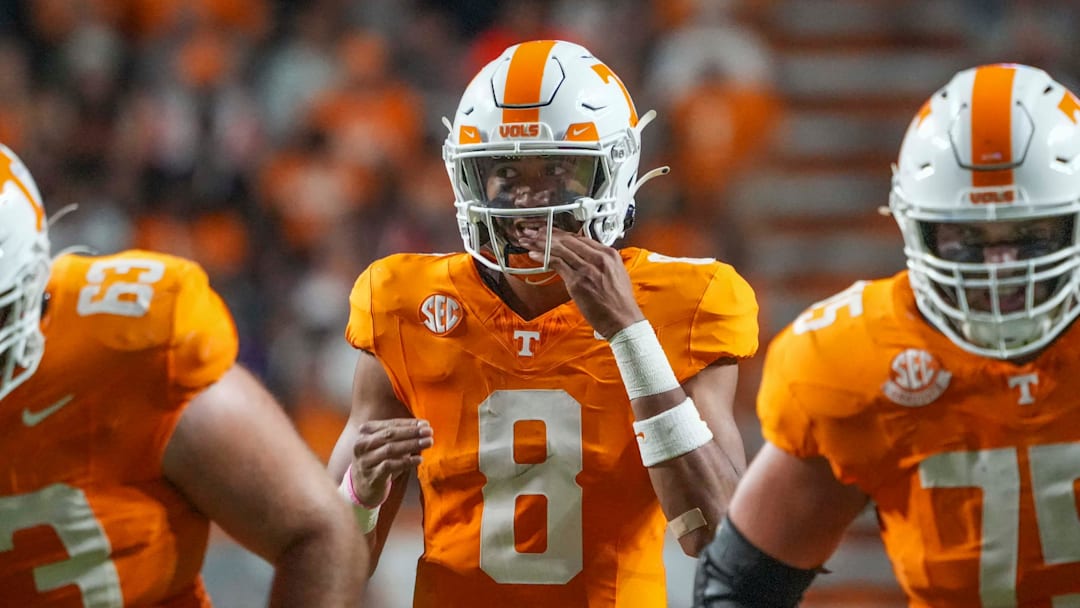 Tennessee quarterback Nico Iamaleava (8) licks his fingers before a snap during a NCAA game between Tennessee and Kent State in Neyland Stadium in Knoxville on Saturday, Sept. 14, 2024.