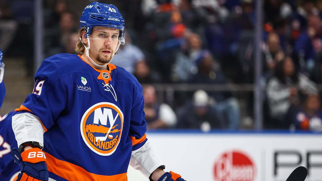 Oct 16, 2025; Elmont, New York, USA;  New York Islanders right wing Max Shabanov (49) at UBS Arena. Mandatory Credit: Wendell Cruz-Imagn Images