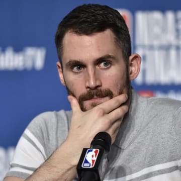 Jun 6, 2018; Cleveland, OH, USA; Cleveland Cavaliers center Kevin Love (0) speaks to the media after game three of the 2018 NBA Finals at Quicken Loans Arena. Mandatory Credit: David Richard-USA TODAY Sports