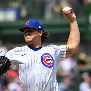 Aug 22, 2024; Chicago, Illinois, USA; Chicago Cubs starting pitcher Justin Steele (35) pitches during the first inning against the Detroit Tigers at Wrigley Field. 