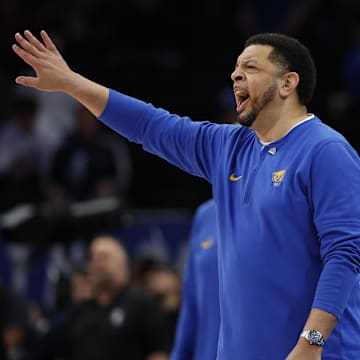 Mar 14, 2024; Washington, D.C., USA; Pittsburgh Panthers head coach Jeff Capel gestures from the bench against the Wake Forest Demon Deacons at Capital One Arena. Mandatory Credit: Geoff Burke-Imagn Images