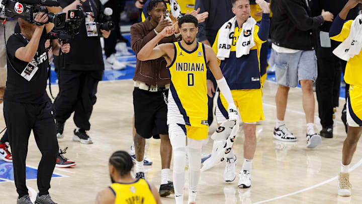 Jun 5, 2025; Oklahoma City, Oklahoma, USA; Indiana Pacers guard Tyrese Haliburton (0) walks off the court after the Pacers defeat the Oklahoma City Thunder during game one of the 2025 NBA Finals at Paycom Center. Mandatory Credit: Alonzo Adams-Imagn Images