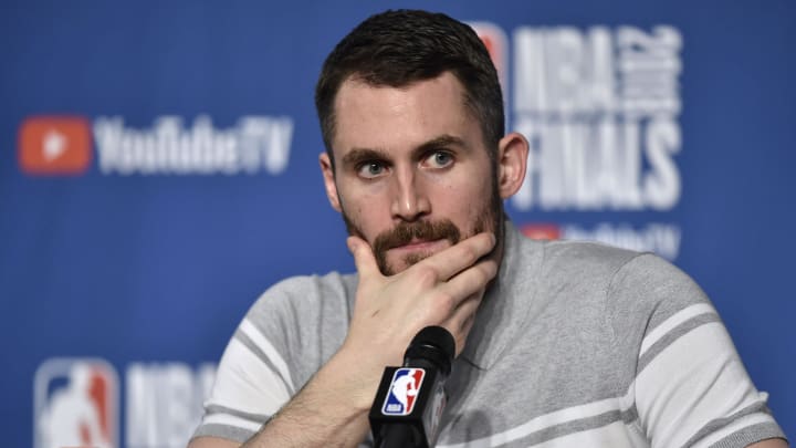 Jun 6, 2018; Cleveland, OH, USA; Cleveland Cavaliers center Kevin Love (0) speaks to the media after game three of the 2018 NBA Finals at Quicken Loans Arena. Mandatory Credit: David Richard-USA TODAY Sports