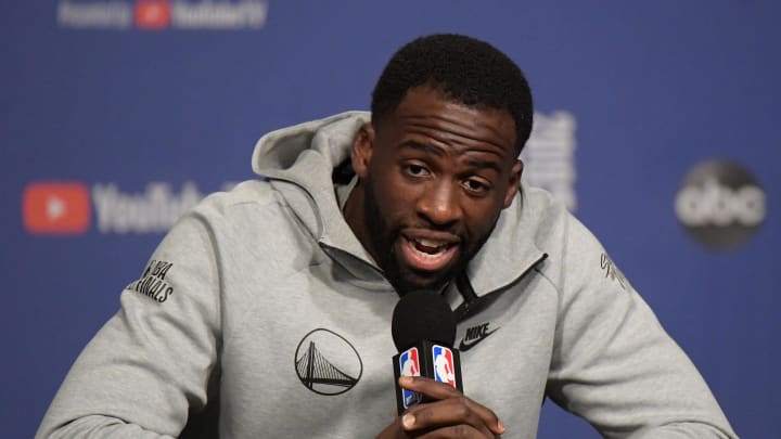 May 29, 2019; Toronto, Ontario, CAN; Golden State Warriors forward Draymond Green (23) answers questions  during a media conference for the NBA Finals at Scotiabank Arena. Mandatory Credit: Dan Hamilton-USA TODAY Sports