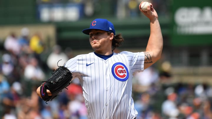 Aug 22, 2024; Chicago, Illinois, USA; Chicago Cubs starting pitcher Justin Steele (35) pitches during the first inning against the Detroit Tigers at Wrigley Field. Mandatory Credit: Patrick Gorski-USA TODAY Sports