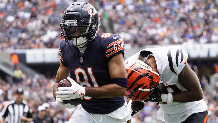 Aug 17, 2024; Chicago, Illinois, USA; Chicago Bears wide receiver Dante Pettis (81) catches a touchdown pass as Cincinnati Bengals cornerback Lance Robinson (39) defends him during the second half at Soldier Field. Mandatory Credit: David Banks-USA TODAY Sports