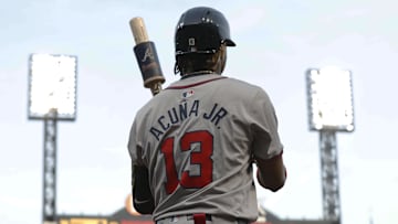 May 24, 2024; Pittsburgh, Pennsylvania, USA;  Atlanta Braves right fielder Ronald Acuna Jr. (13) in the on-deck circle against the Pittsburgh Pirates during the fifth inning  at PNC Park. Mandatory Credit: Charles LeClaire-Imagn Images