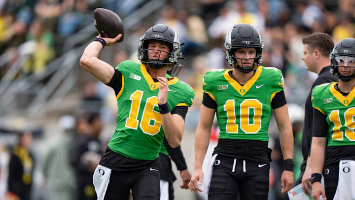 Fighting Ducks quarterback Austin Novosad throws out a pass as the Fighting Ducks face off against Mighty Oregon in the Oregon Ducks spring game on April 26, 2025, at Autzen Stadium in Eugene.