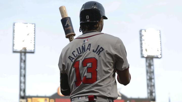 May 24, 2024; Pittsburgh, Pennsylvania, USA;  Atlanta Braves right fielder Ronald Acuna Jr. (13) in the on-deck circle against the Pittsburgh Pirates during the fifth inning  at PNC Park. Mandatory Credit: Charles LeClaire-USA TODAY Sports
