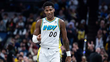 Indiana Pacers guard Bennedict Mathurin (00) celebrates a made basket in the second half against the Milwaukee Bucks at Gainbridge Fieldhouse.