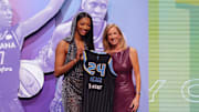 Apr 15, 2024; Brooklyn, NY, USA; Angel Reese poses with WNBA commissioner Cathy Engelbert after she is selected with the number seven overall pick to the Chicago Sky n the 2024 WNBA Draft at Brooklyn Academy of Music. Mandatory Credit: Brad Penner-Imagn Images